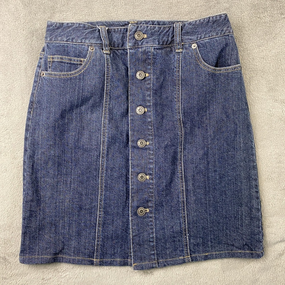 Talbots Denim Skirt Womens 4P‎ Blue Button Front Stretch A-Line Mini Skirt